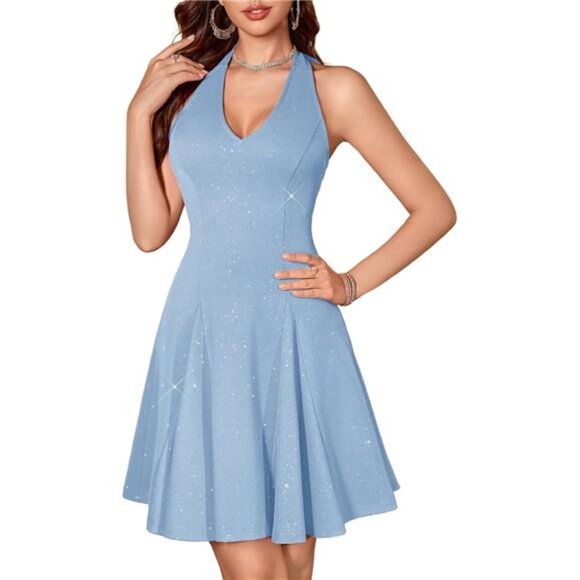 Glitter Sparkle V Neck Cocktail Dress for Women Blue - Picture 1 of 6
